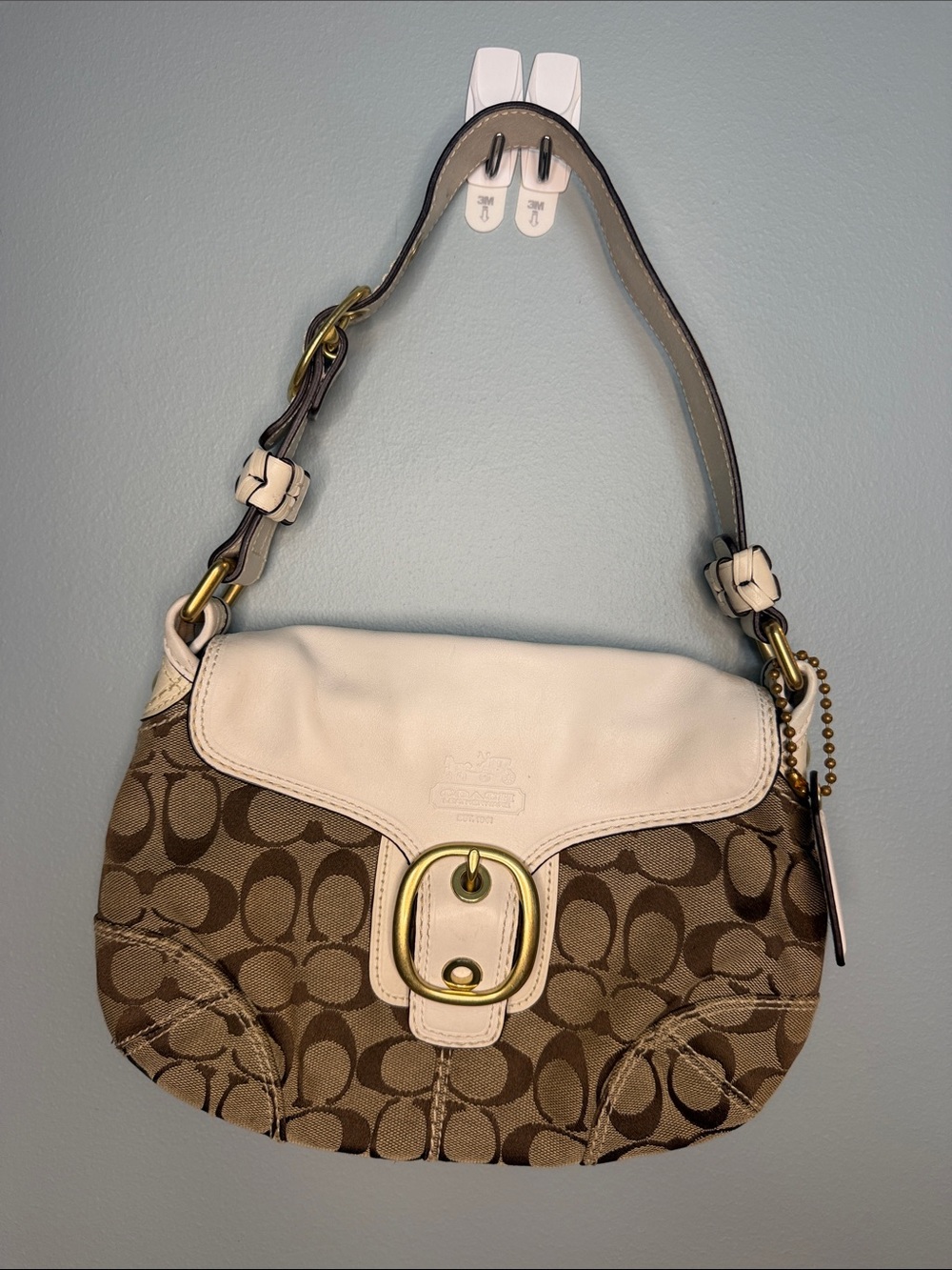 Vintage Coach Brown Monogram Canvas Shoulder Bag with Cream Leather Flap